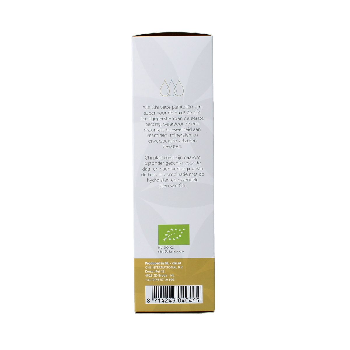 Organic Chi almond oil in a 100ml bottle, natural body care product, with a clear label and golden oil visible inside the bottle.