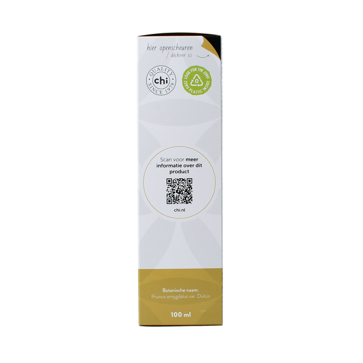 Organic Chi almond oil in a 100ml bottle, natural body care product with a clear view of the label on the packaging.