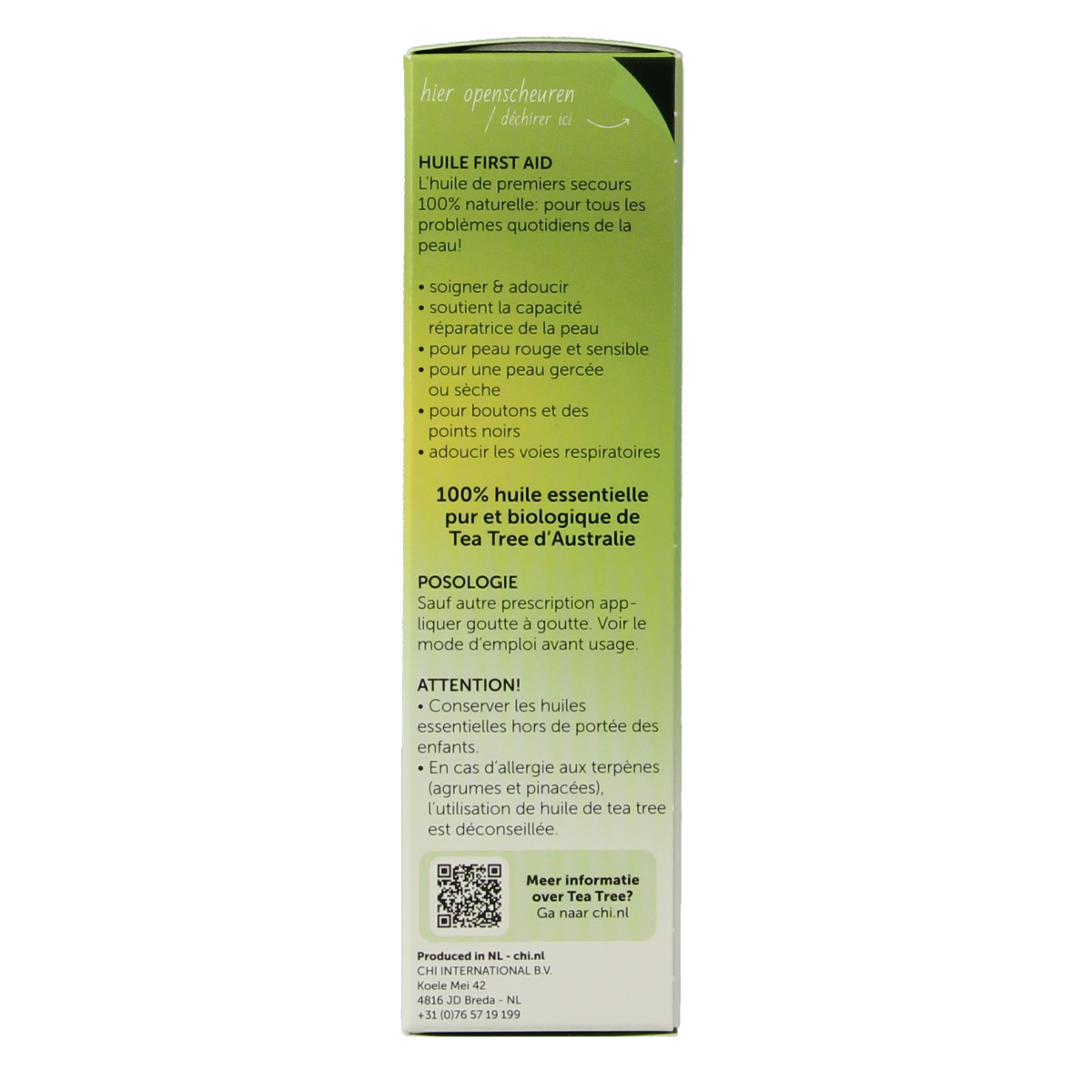 Chi Tea Tree Bio 10ml body care product with a dropper, featuring a clear bottle with a white cap and green tea tree branding.