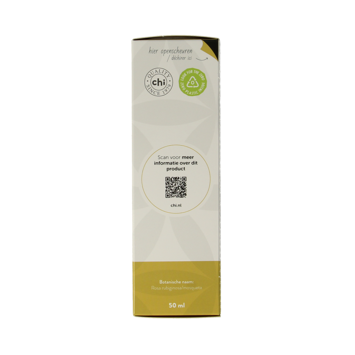 Chi organic rosehip oil in a 50ml bottle, showcasing the amber glass container and product label for natural skincare use