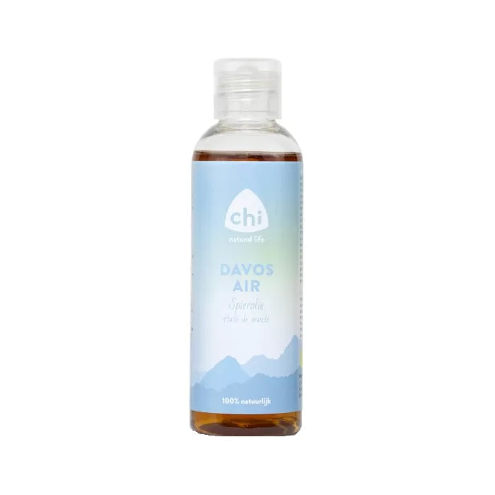 Chi Davos spierolie in 100ml bottle, a muscle and joint care product, with a close-up of the labeled bottle showing the brand and product details.