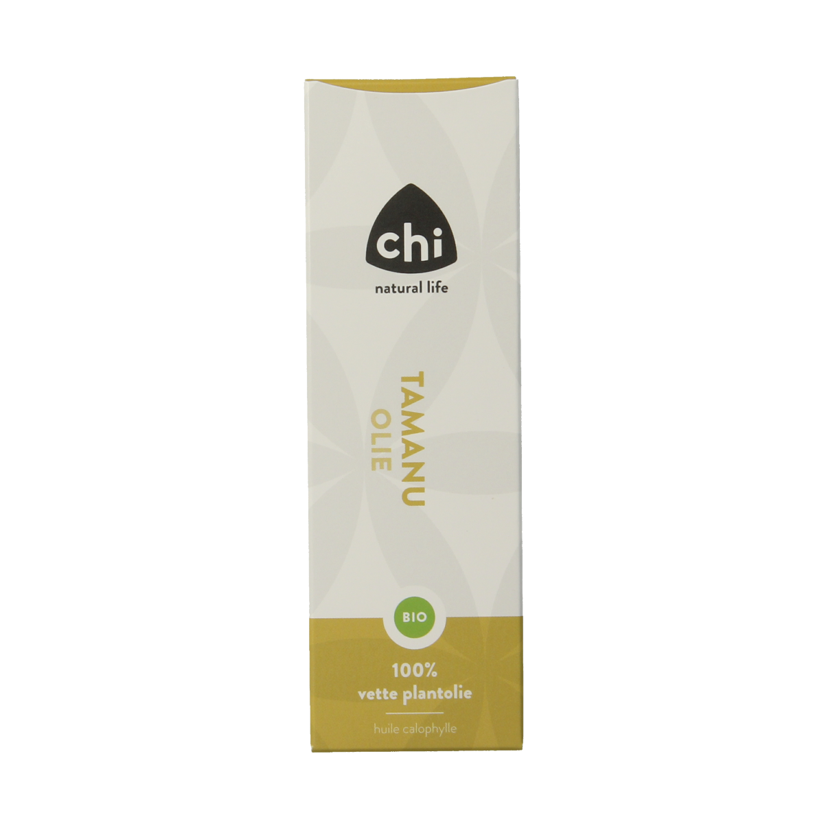 Chi Tamanu eko essential oil in 50ml bottle, aromatic natural etherische olie with dark glass container and white label.