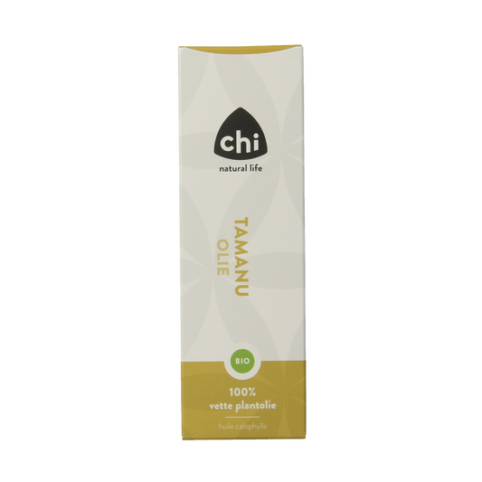 Chi Tamanu eko essential oil in 50ml bottle, aromatic natural etherische olie with dark glass container and white label.