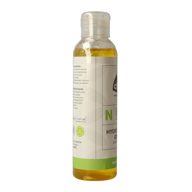 Chi Hydrofiele olie neutraal 150ml, a clear body care oil bottle with a white cap, designed for skincare and hydration.