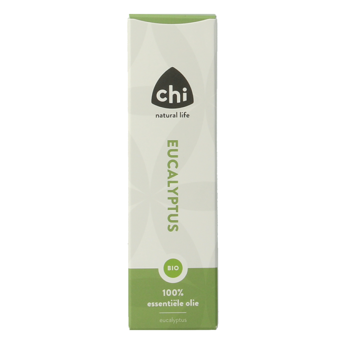 Chi Eucalyptus Eko Bio essential oil bottle, 10ml, featuring a clear container with a white cap and eucalyptus oil inside.