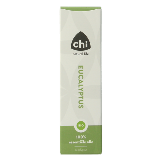 Chi Eucalyptus Eko Bio essential oil bottle, 10ml, featuring a clear container with a white cap and eucalyptus oil inside.