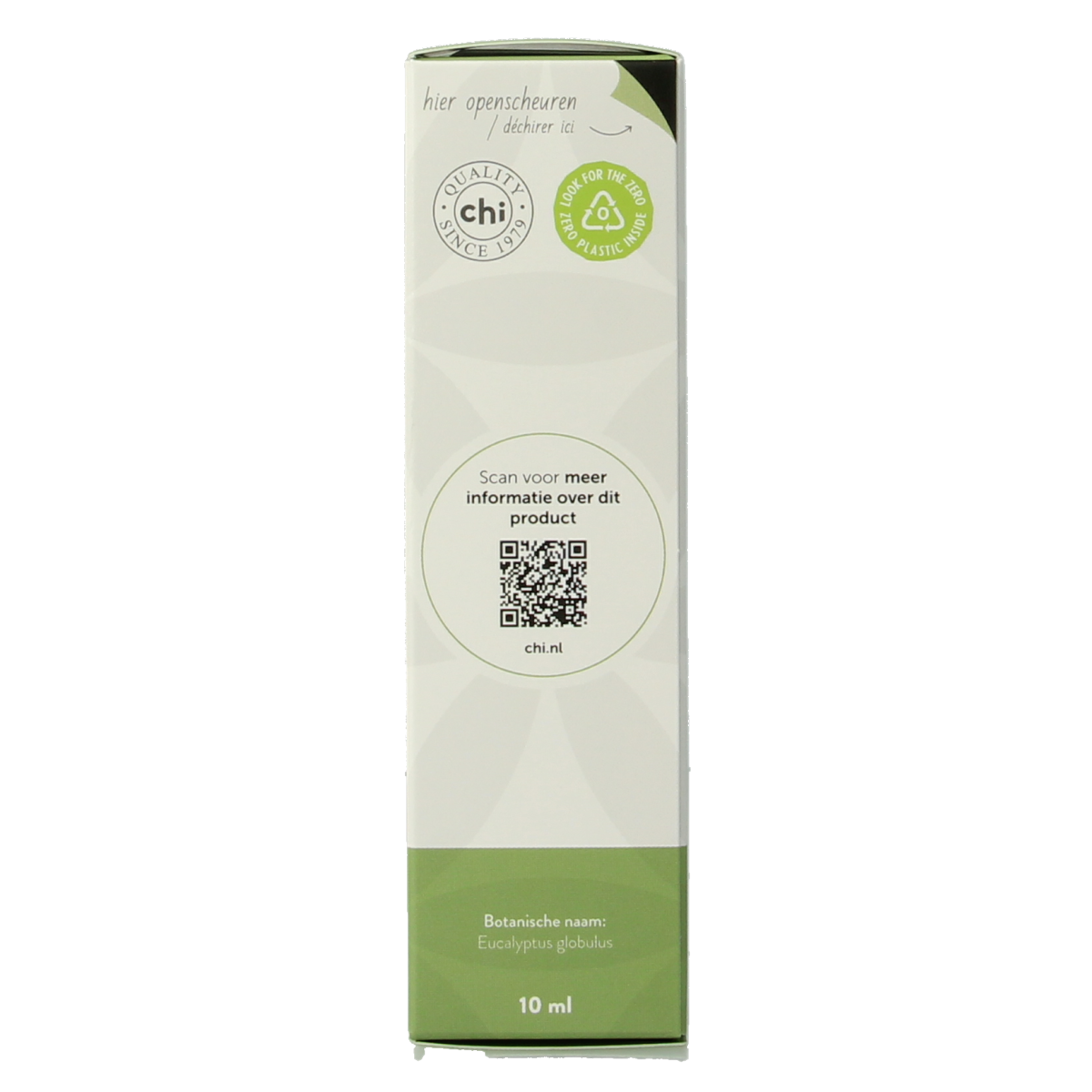 Chi Eucalyptus Eko Bio essential oil bottle, 10ml, with eucalyptus leaves in the background, natural and organic product.