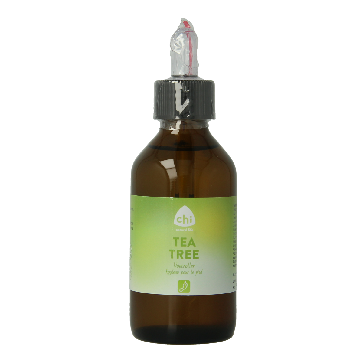 Chi Eerste Hulp Voetroller and pipet in a 100ml bottle, used for foot care, featuring a sleek design with a pipette for precise application.