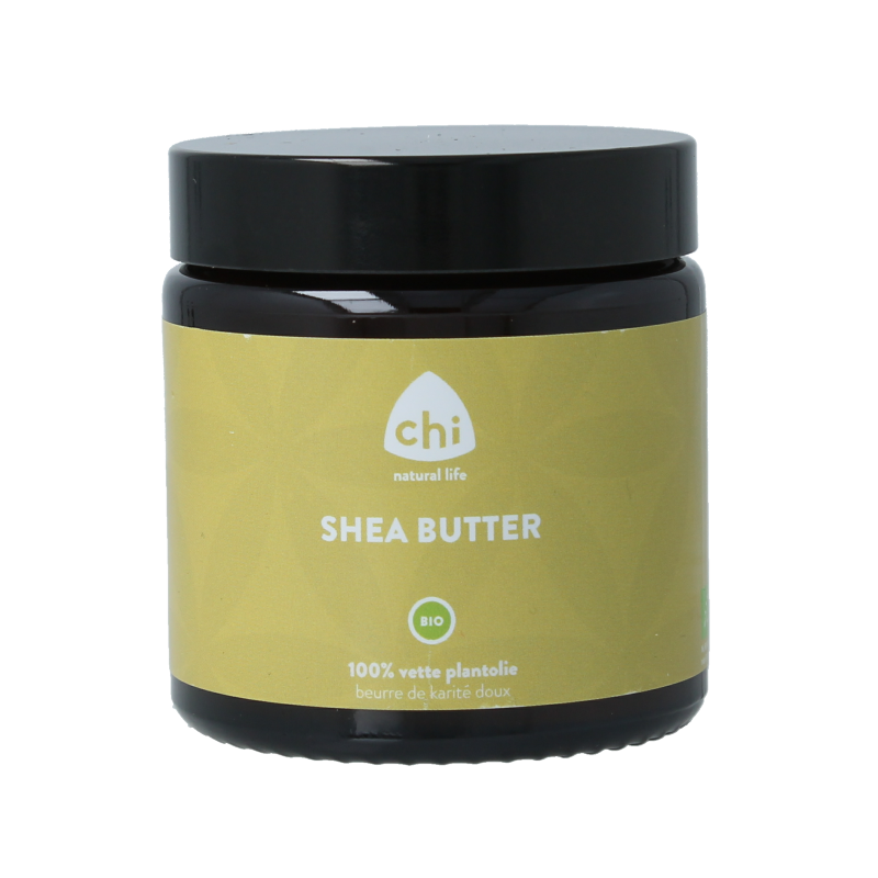 Chi bio shea butter body care product bottle, 100ml, natural skincare, Chi brand, with a white label and pump dispenser.