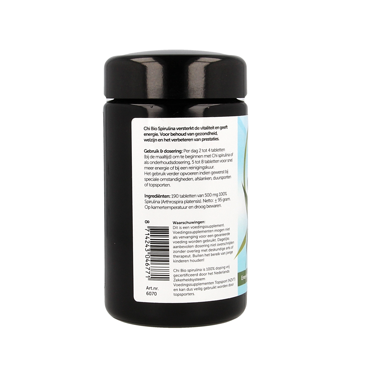 Chi Spirulina 500mg organic tablets in a bottle, showing green spirulina tablets for herbal supplement use.