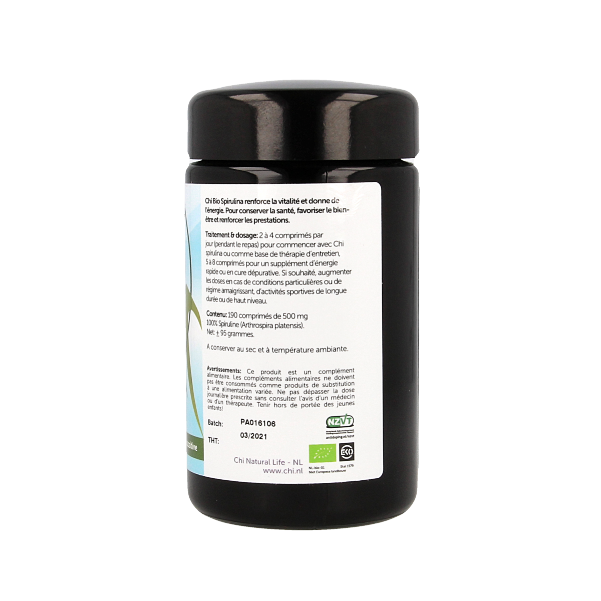Chi Spirulina 500mg organic tablets, herbal supplement in a blister pack, natural green spirulina tablets for health support.
