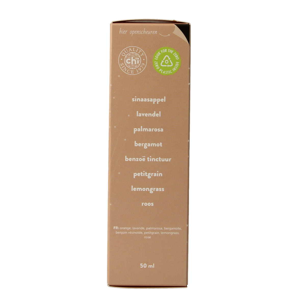 Chi Flowers air spray geurverspreider in 50ml bottle, elegant packaging with floral design and spray nozzle for freshening spaces.