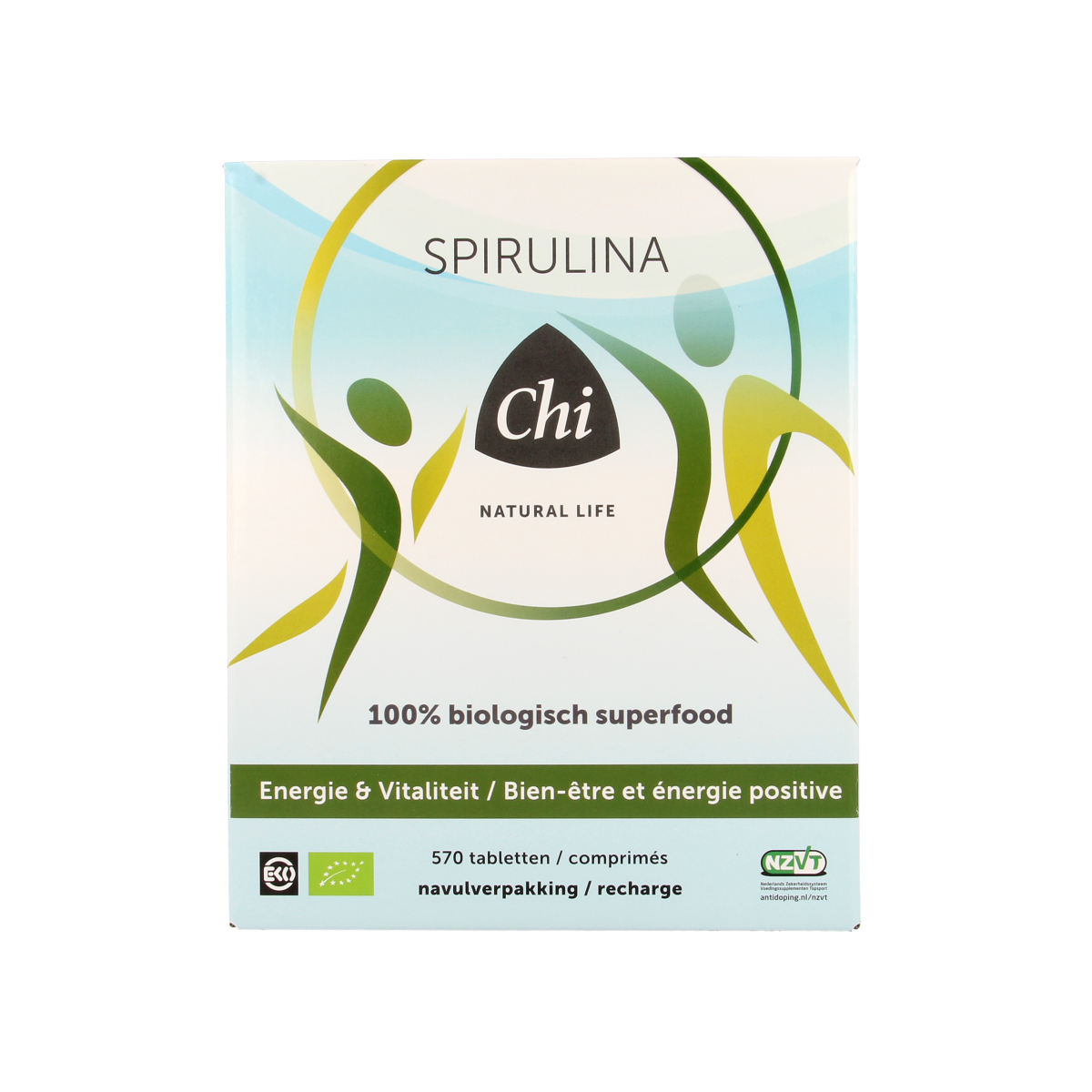 Chi Spirulina navul bio tablet container with green spirulina tablets for herbal supplement preparation