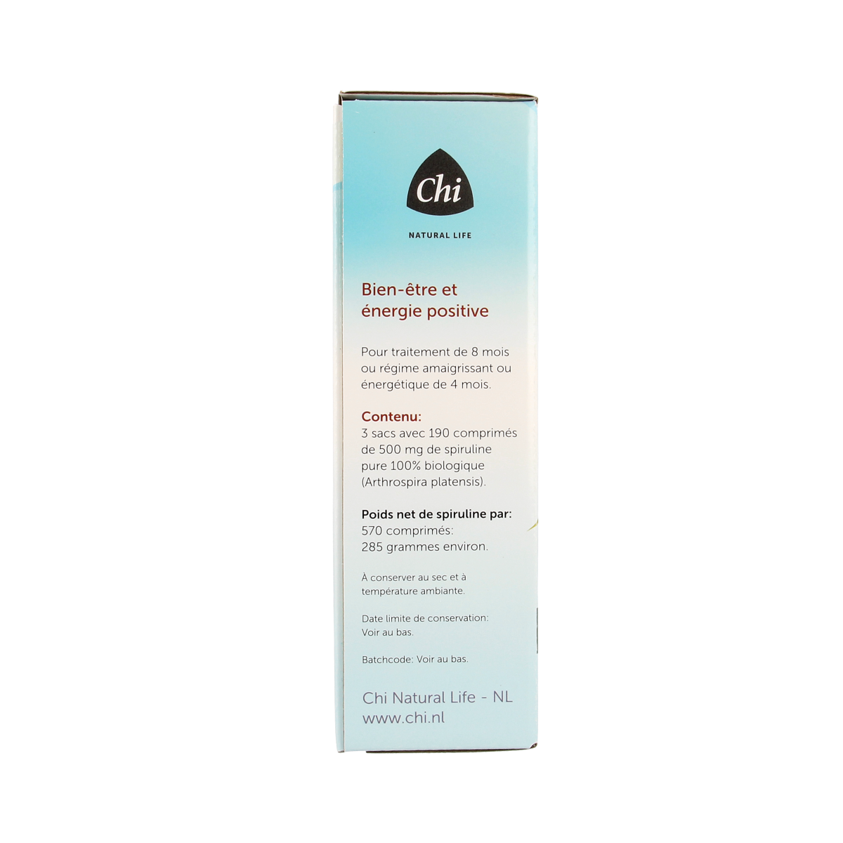 Chi Spirulina bio tablets, organic herbal supplement by Chi, shown in a close-up image of the tablet packaging.