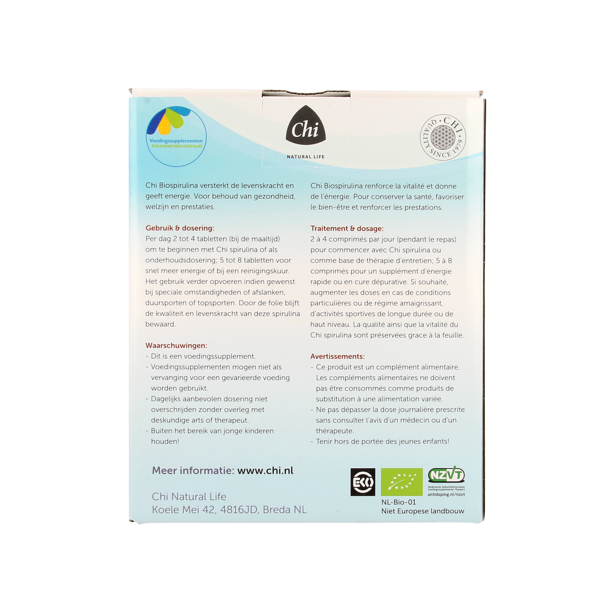 Chi Spirulina navul bio herbal supplement in a container, featuring green spirulina tablets for health and wellness.