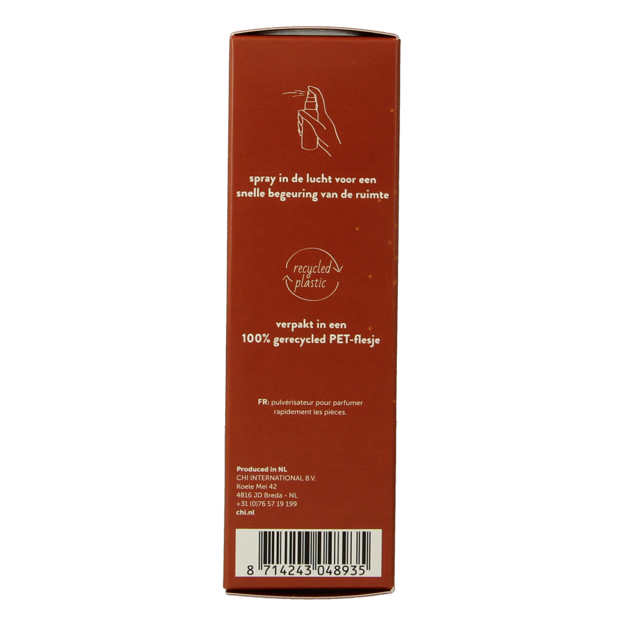 Chi Back to Earth airspray Huisparfum bottle, 50ml with earthy scent, featuring a sleek design and natural fragrance elements.