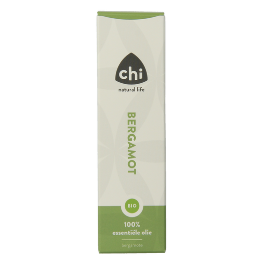 Chi Bergamot eco bio essential oil in 10ml bottle, showcasing the amber glass container and label with product details.