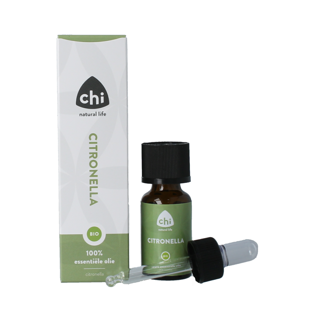 Chi Citronella eco bio essential oil in a 10ml bottle, natural aromatic oil for wellness and insect repellent.