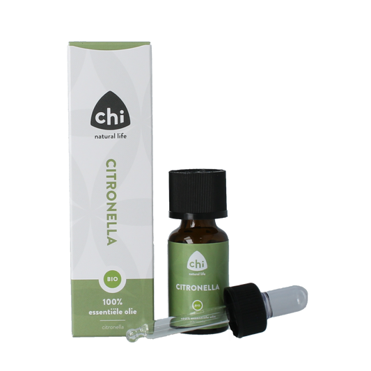 Chi Citronella eco bio essential oil in a 10ml bottle, natural aromatic oil for wellness and insect repellent.