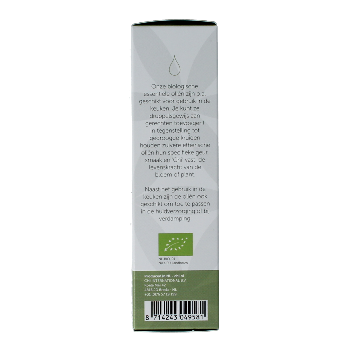 Chi Citronella bio essential oil bottle, 10ml, natural and eco-friendly, with a clear label and green cap, on a white background.