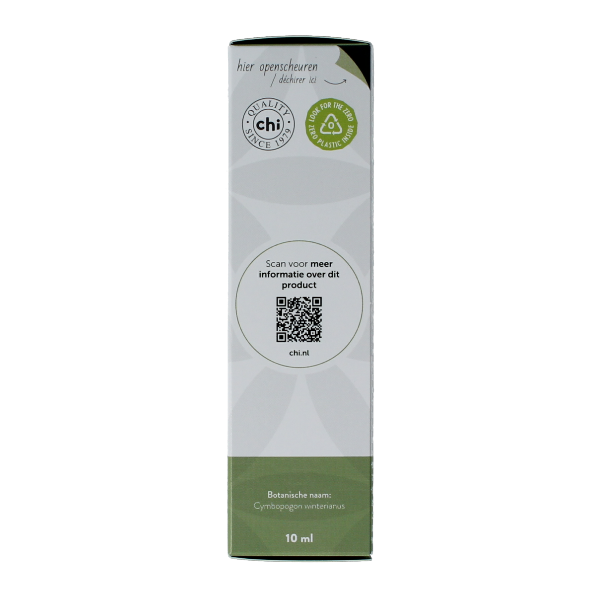 Chi Citronella organic essential oil in a 10ml bottle, showcasing the clear liquid and label with brand and product details.