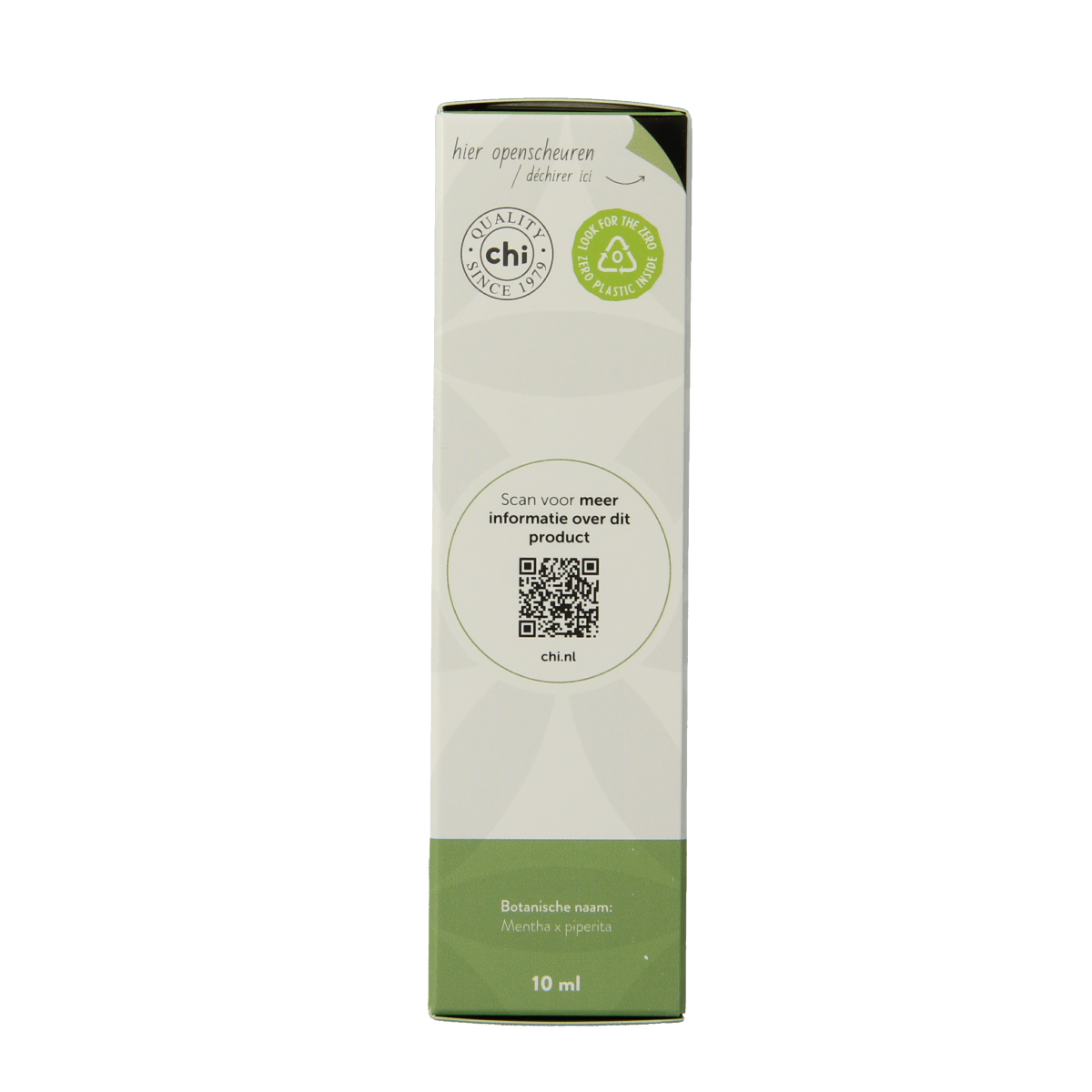Chi Pepermunt Franse etherische olie, biologisch en eco, 10ml bottle showing the label and transparent glass container.