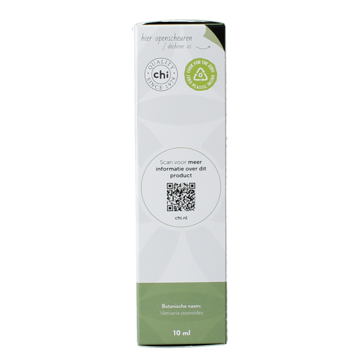 Chi Vetiver Madagascar bio essential oil bottle, 10ml, showing clear glass container with label and amber liquid inside.