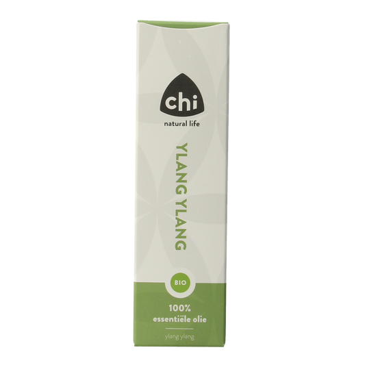 Chi Ylang Ylang bio essential oil in a 10ml bottle, featuring a clear label and golden-yellow liquid inside.