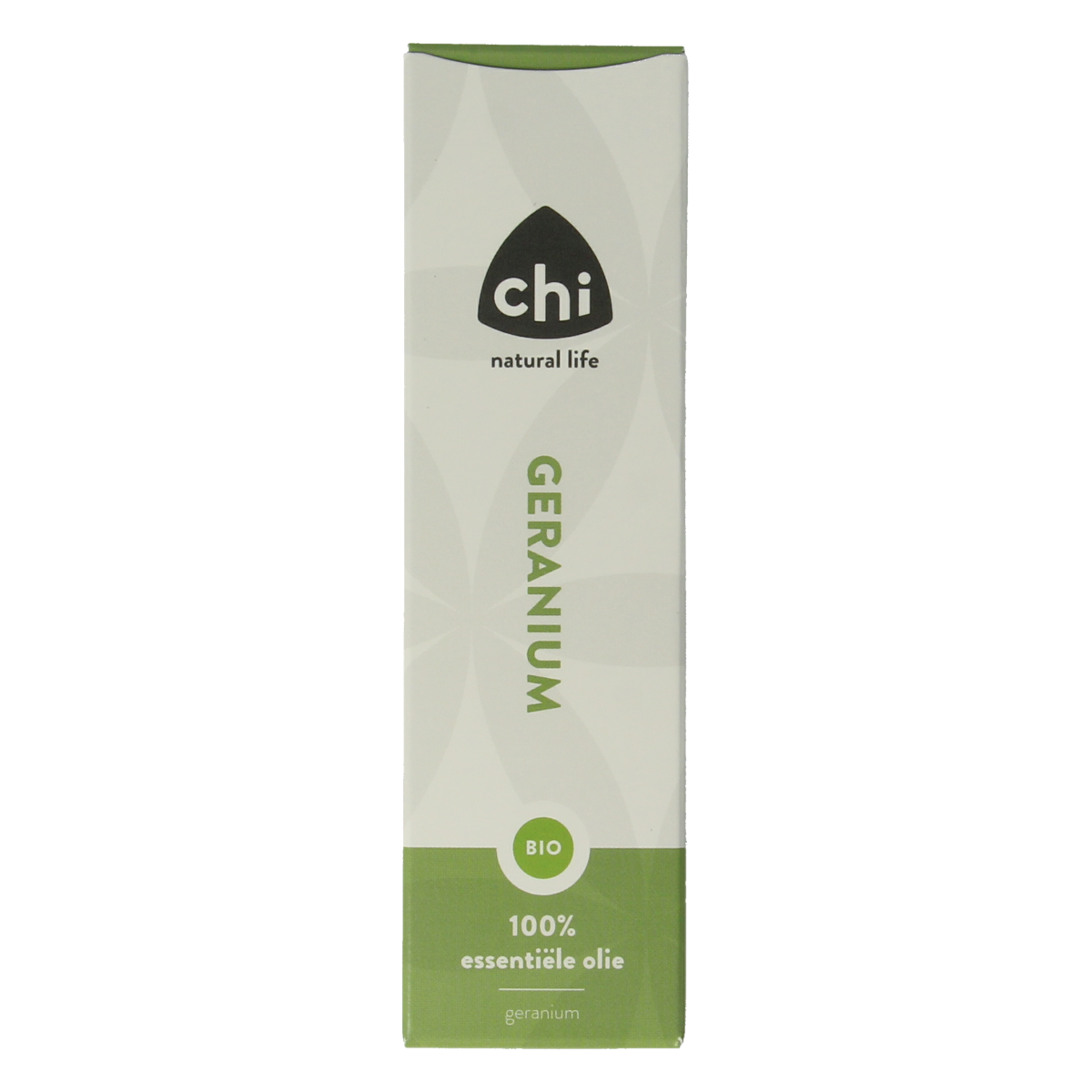 Chi Geranium bio essential oil in a 10ml bottle, featuring a clear glass container with a white cap and a label displaying product details.