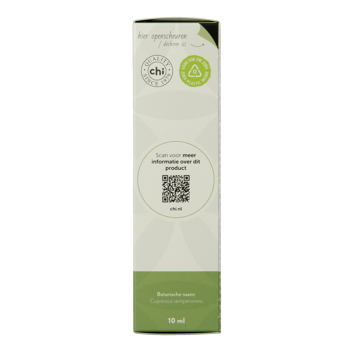 Chi Cipres bio essential oil in 10ml bottle, natural and organic, with a clear view of the green liquid inside the small glass container.