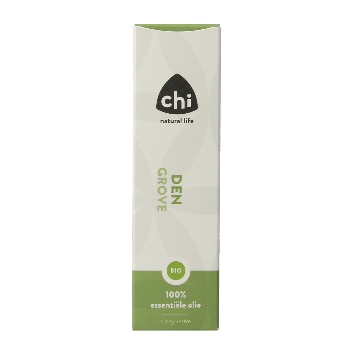 Chi Den eko bio essential oil bottle, 10ml, featuring a clear glass container with a white label and black cap, on a white background.