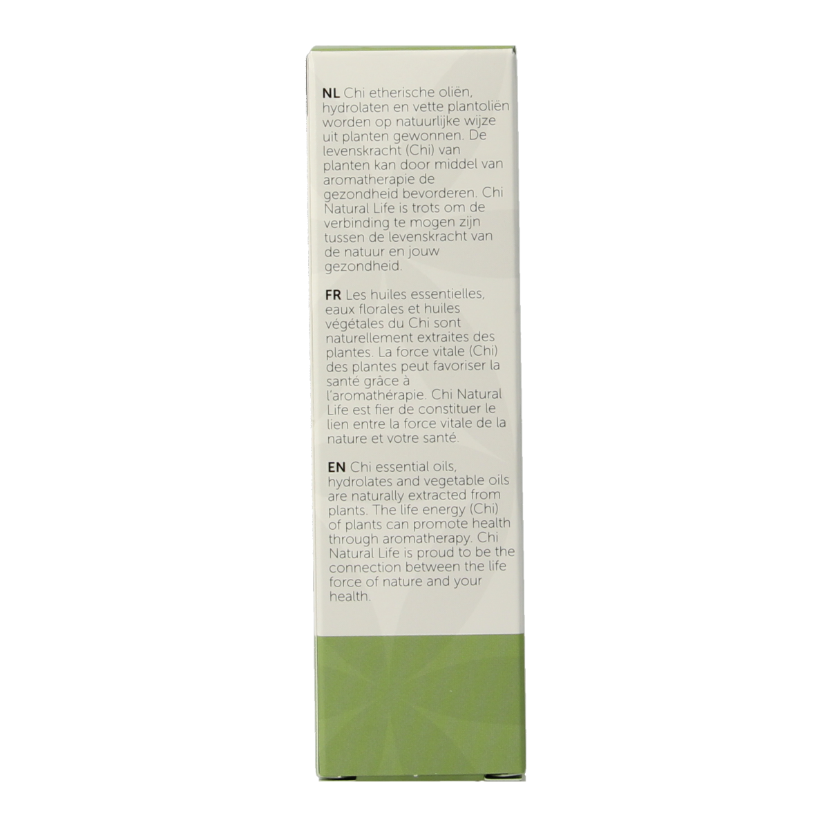 Chi Den eco bio essential oil bottle, 10ml, featuring dark glass and white label with green accents, showcasing natural aromatic oil.