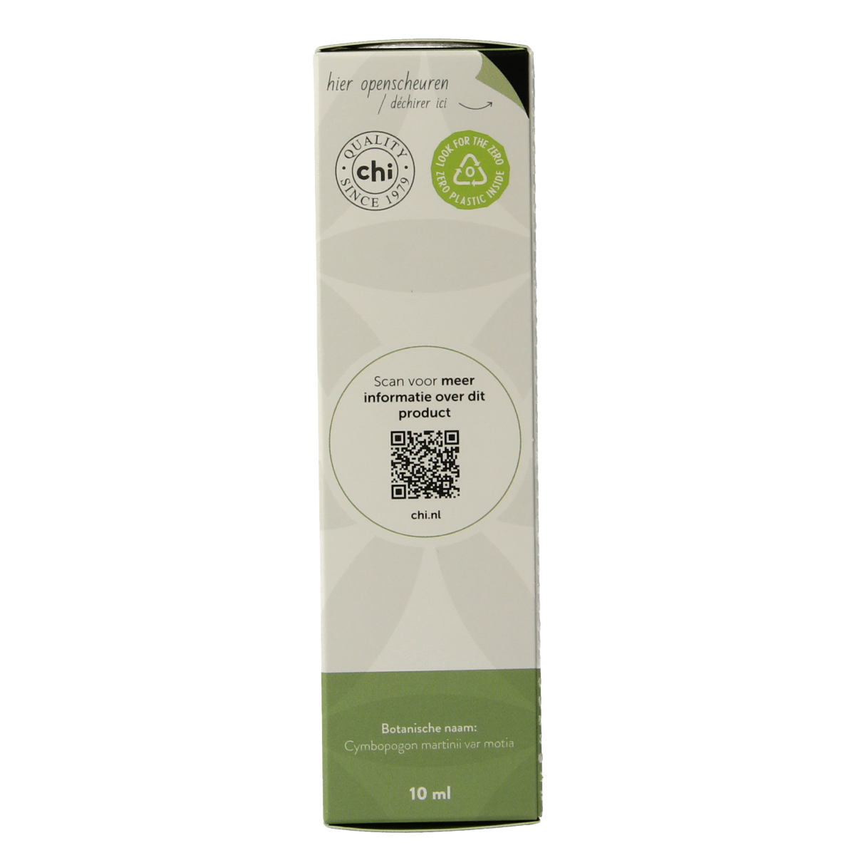 Chi Palmarosa organic essential oil in a 10ml bottle, featuring a clear glass container with a white cap and a label displaying product details.