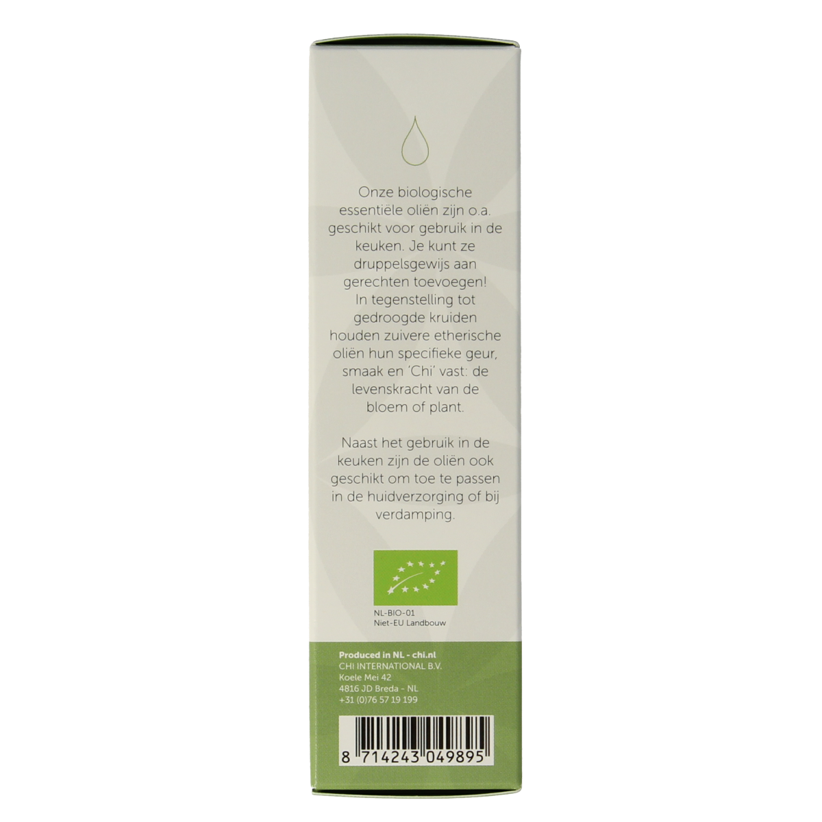 Chi Mirte organic essential oil bottle, 10 ml, with a clear view of the dark glass container and label on a white background.