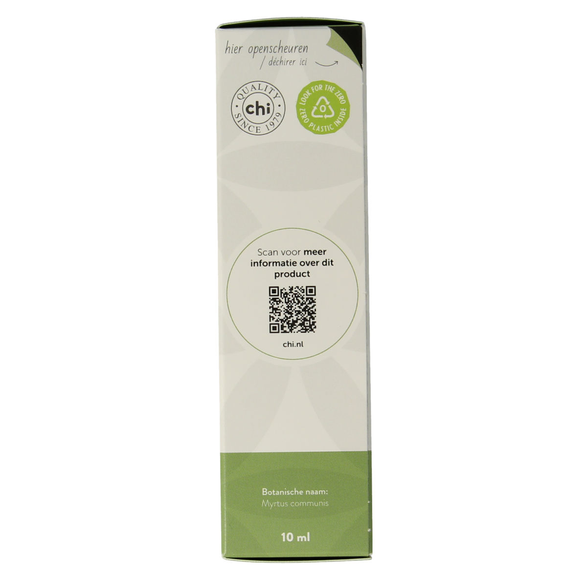 Chi Mirte organic essential oil in a 10ml bottle, featuring a dark glass container with a white cap and label.