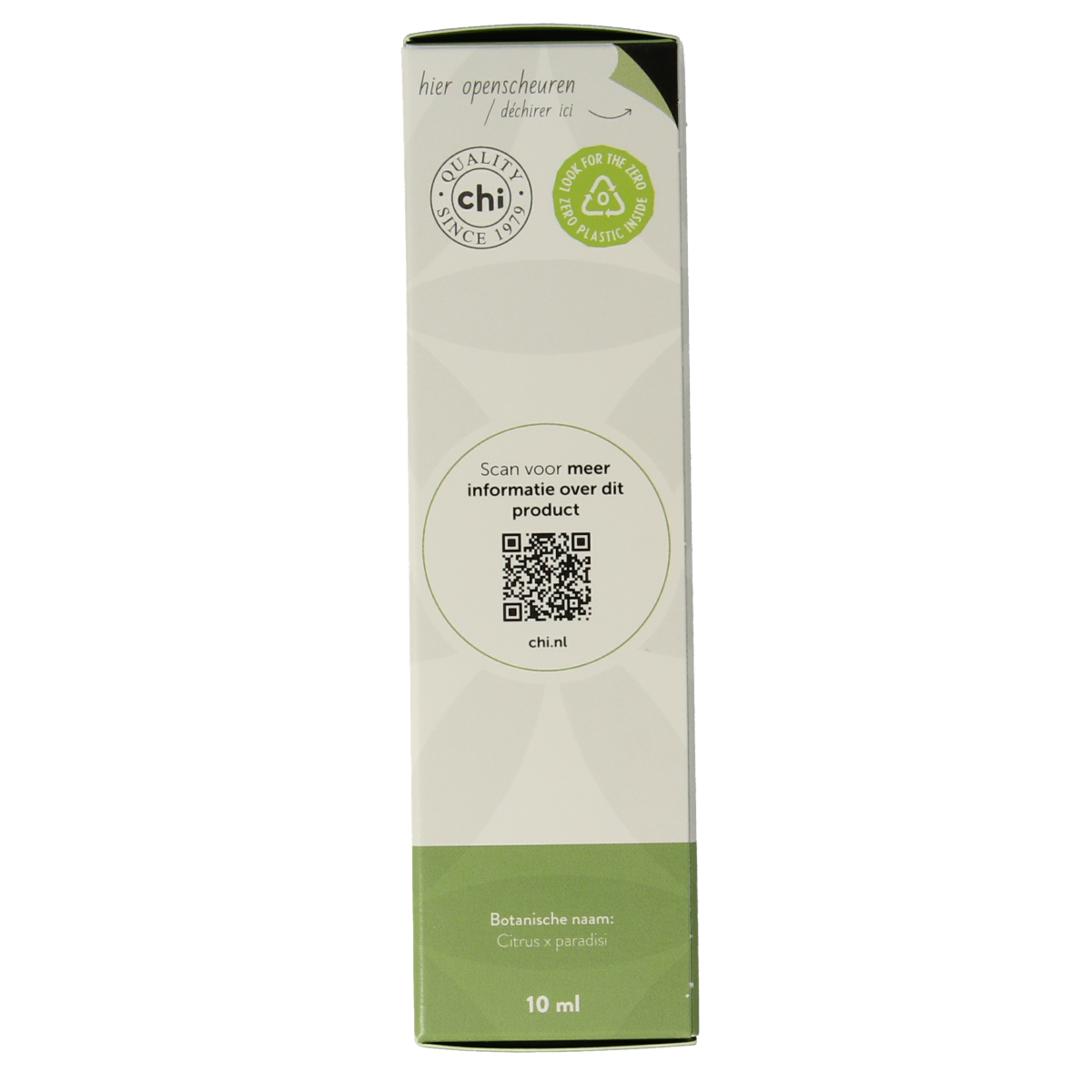 Chi Grapefruit organic essential oil bottle with a white label and clear cap, showcasing the 10ml size and natural packaging.