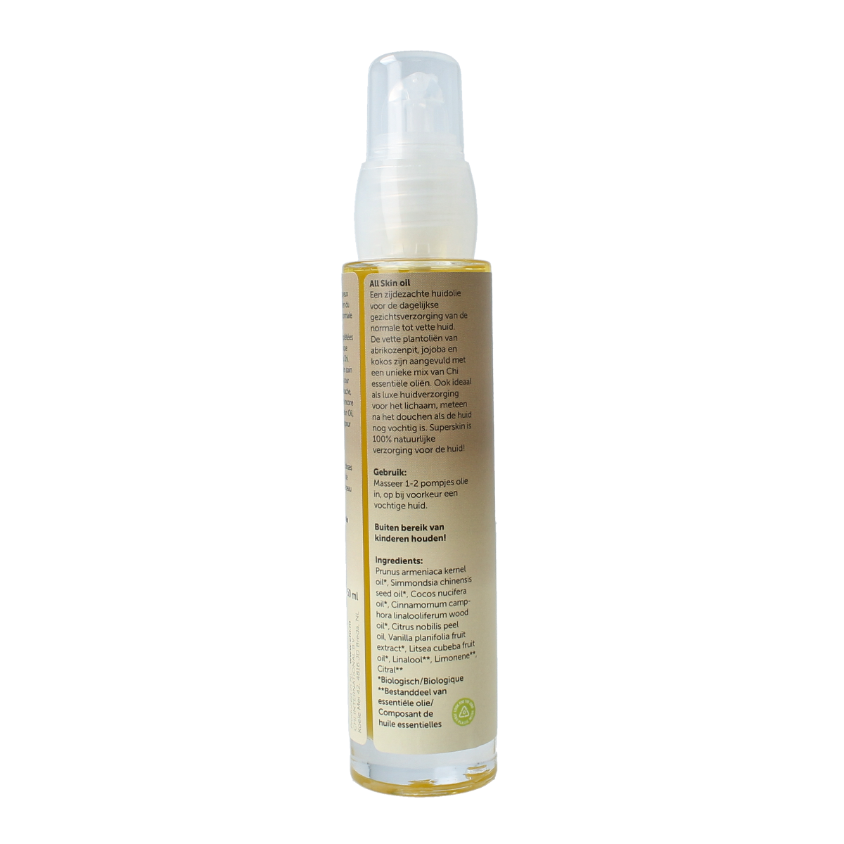 Chi Superskin all skin oil in 50ml bottle, natural body care product with nourishing formula, shown in a clear container