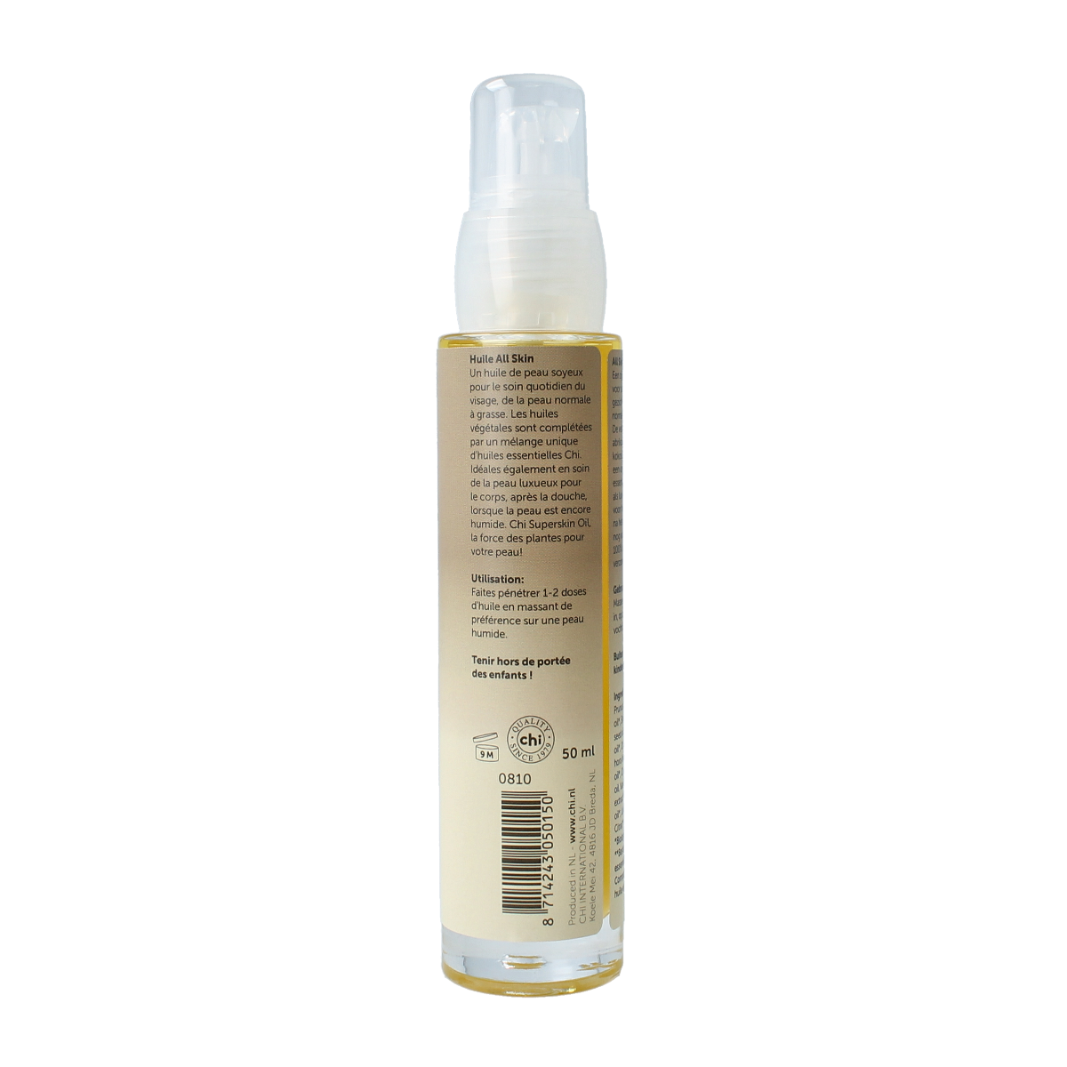 Chi Superskin all skin oil in 50ml bottle, natural body oil for skin care, with a clear liquid inside a sleek bottle.