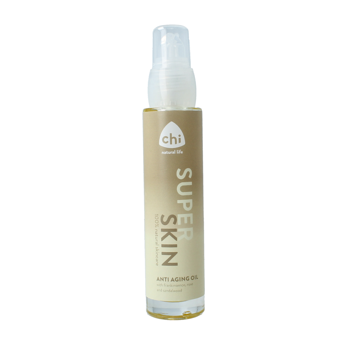 Chi Superskin anti-aging facial oil in a 50ml bottle, natural skincare product for youthful skin, with a clear dropper and sleek packaging.