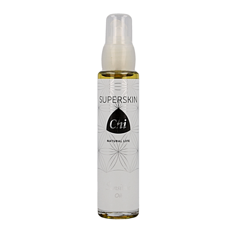Chi Superskin Sensitive Oil 50ml, soothing body oil from Chi for sensitive skin, with natural ingredients in a clear bottle.