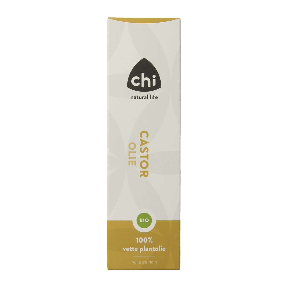 Chi organic castor oil 100ml bottle, ideal for body care, with a clear label and golden castor oil inside.