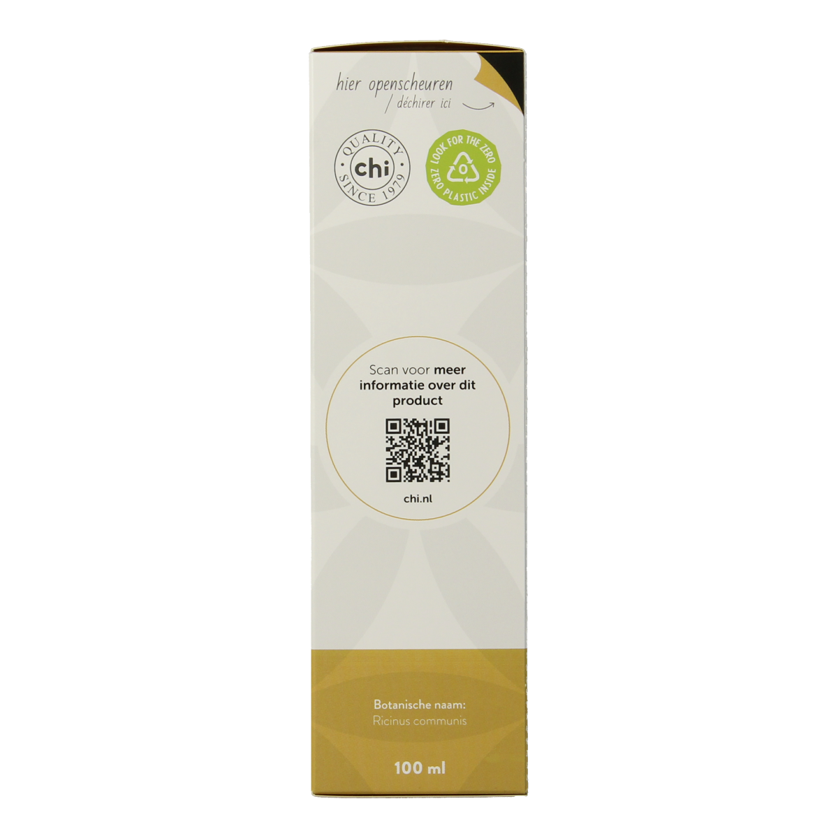Organic Chi castor oil in a 100ml bottle, suitable for body care, with a clear label and amber glass container.