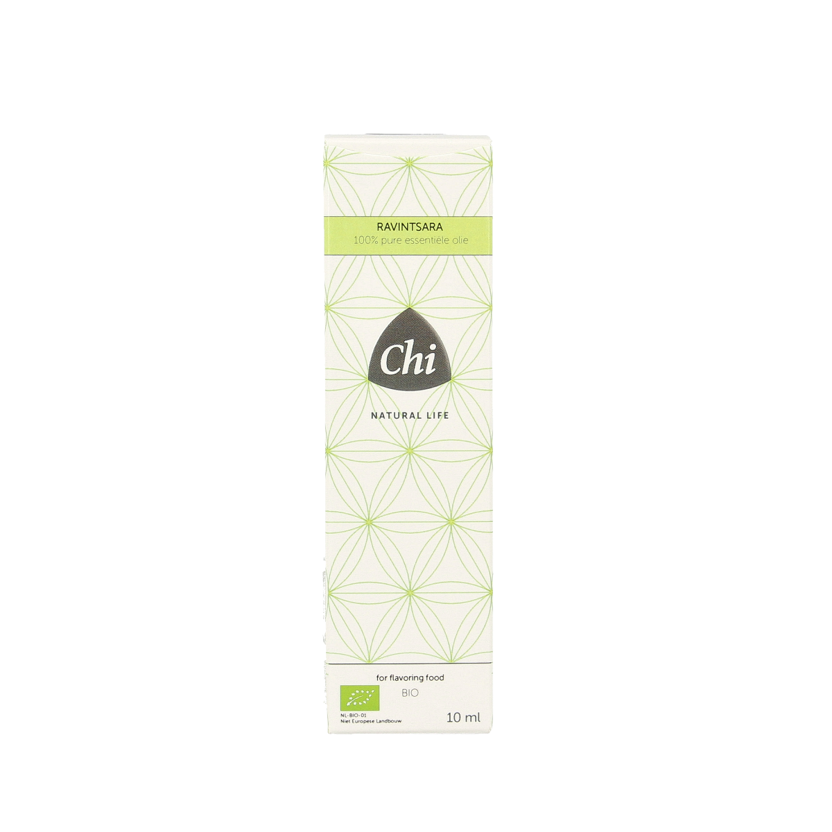 Chi Ravintsara organic essential oil in a 10ml bottle, featuring a clear label and dropper cap, on a white background.