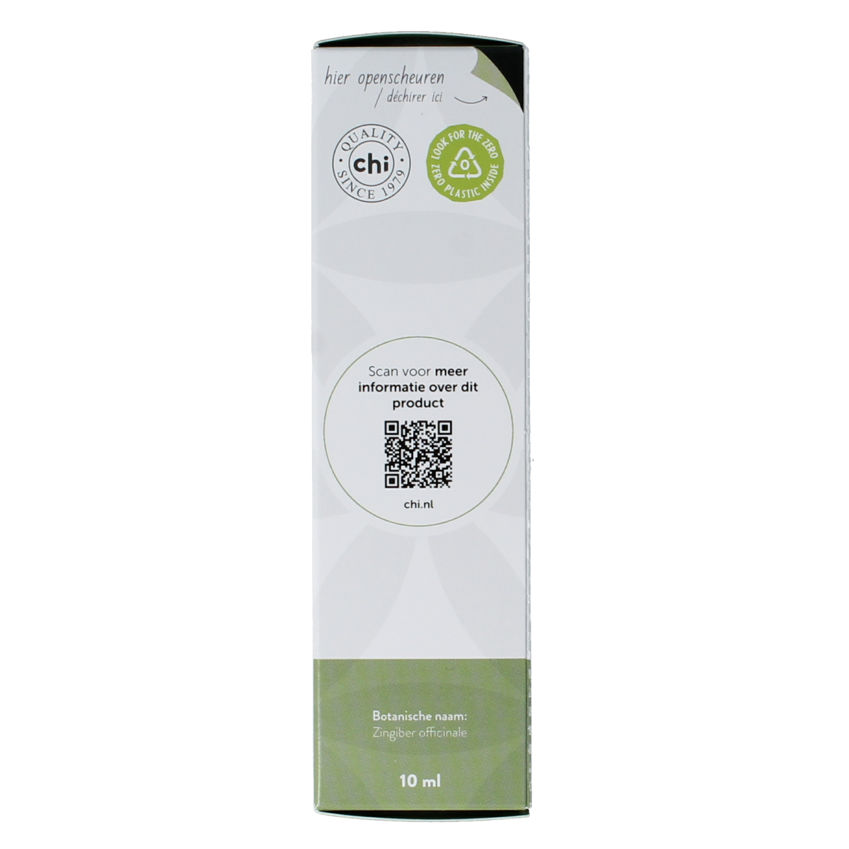 Chi Gember organic essential oil bottle, 10ml, with amber glass and dropper cap, showcasing the product label and packaging.