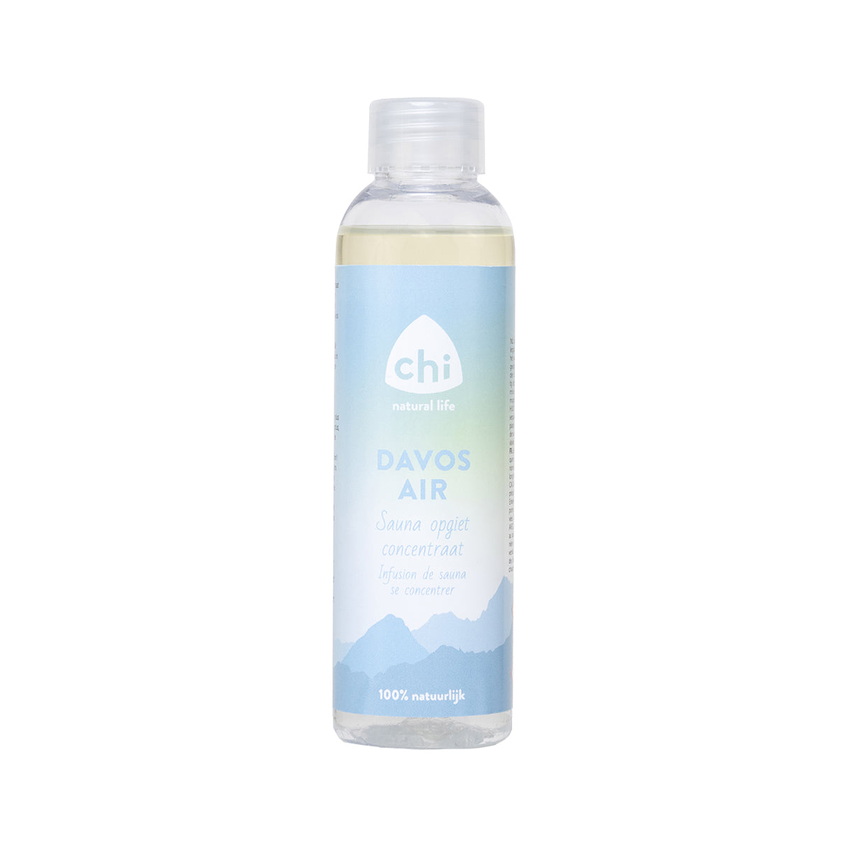 Chi Davos sauna opgiet concentrate, 150ml, natural essential oil blend for aromatic sauna experiences, showcased in a clear bottle.