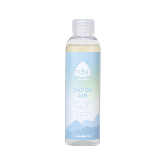 Chi Davos sauna opgiet concentrate, 150ml, natural essential oil blend for aromatic sauna experiences, showcased in a clear bottle.