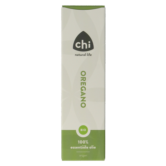 Chi Oregano essential oil bottle, 10ml, natural herbal extract from Chi brand, with label and amber glass bottle visible.