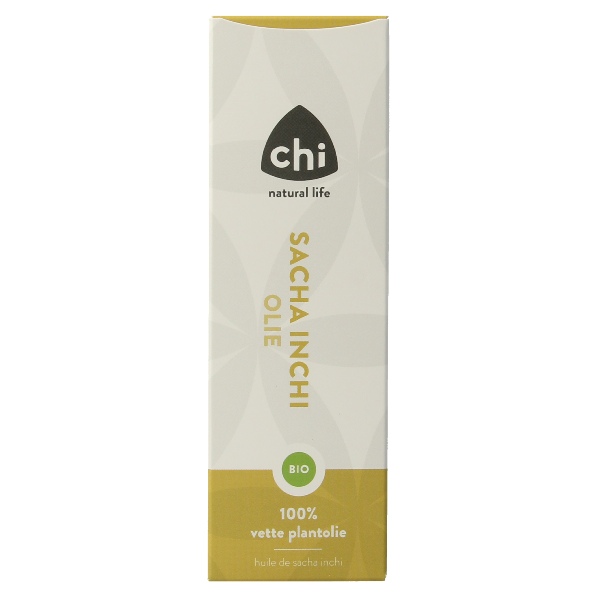 Chi Sacha Inchi plantenolie bio in 50ml bottle, natural body care product with a clear label and amber-colored glass bottle.