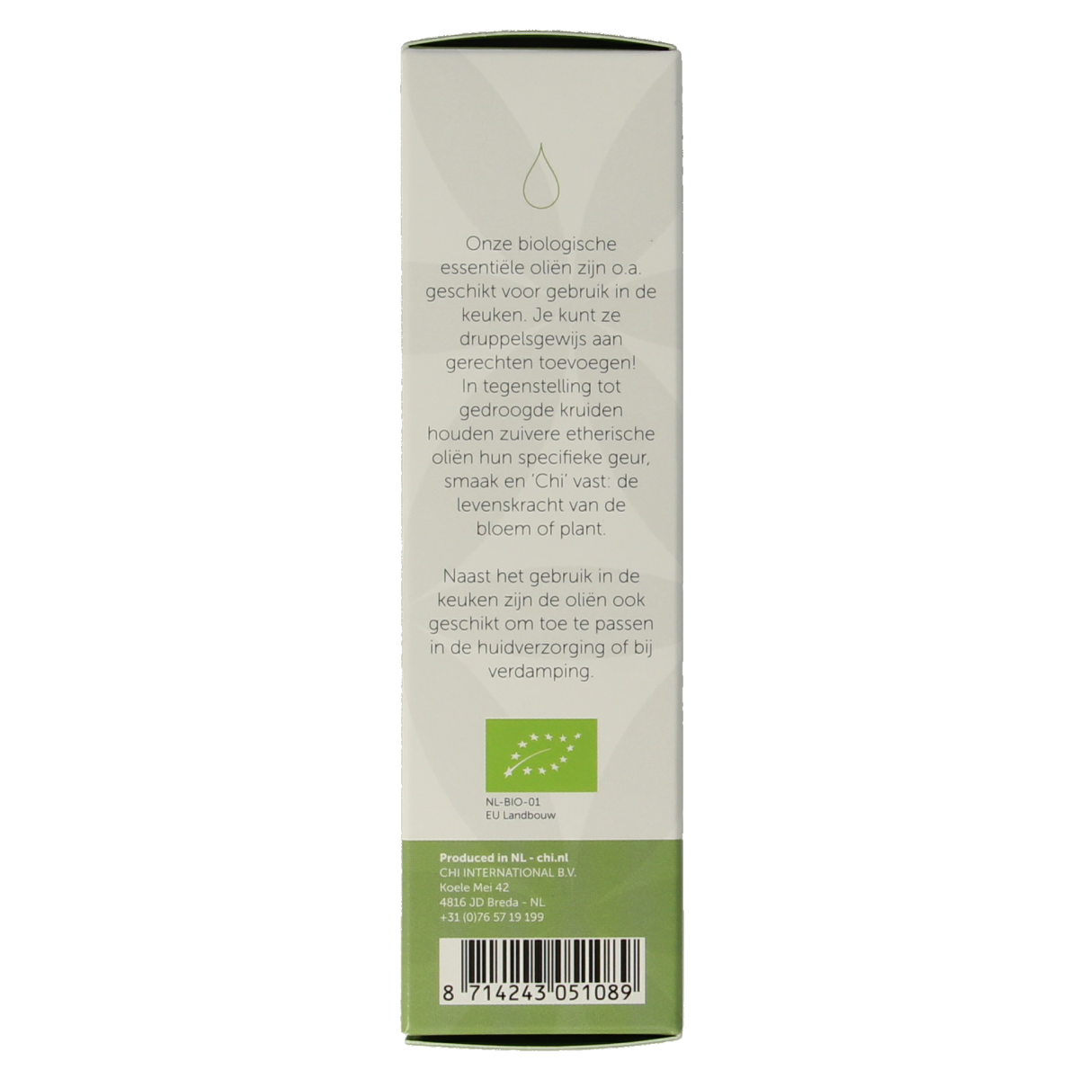 Chi Scharlei eco bio essential oil bottle, 10ml, with a clear label and dark glass container on a white background.