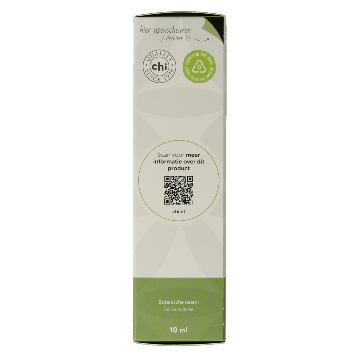 Chi Scharlei eco bio essential oil in 10ml bottle, natural aromatic etherische oliën with a clear glass container.